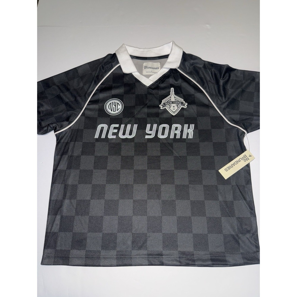 No Boundaries New York Soccer Jersey Medium Black Checkered Mesh Collar USA NWT